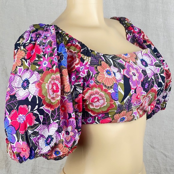 Festival Crop Top Puff Sleeve Smocked Back Womens M Forever 21 Whimsy Romantic - Picture 10 of 11